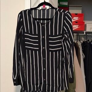 Vince Camuto Black and White Vertical Stripe Button-Down Blouse